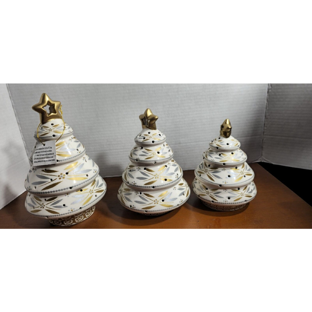 Temptations By Tara Light Up Christmas Trees Set Of 3 White Silver & Gold